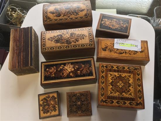 Tunbridge Ware - 8 floral mosaic boxes & a similar block